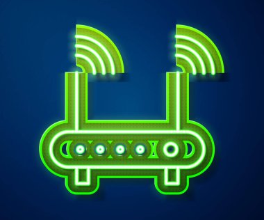 Parlayan neon hat Router ve kablosuz bağlantı sembolü ikonu mavi arkaplanda izole edildi. Kablosuz ethernet modem yönlendirici. Bilgisayar teknolojisi interneti. Vektör İllüstrasyonu