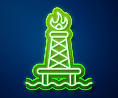 Mavi arka planda izole edilmiş ateş ikonu ile parlayan neon hattı petrol platformu. Gaz kulesi. Endüstriyel nesne Vektör İllüstrasyonu