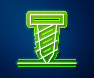 Parlayan neon hattı dönen matkap mavi arkaplanda izole edilmiş bir yer simgesinde bir delik açıyor. Vektör İllüstrasyonu