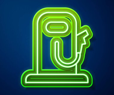 Parlayan neon hattı benzini ya da benzin istasyonu simgesi mavi arkaplanda izole edildi. Araba yakıtı sembolü. Benzin pompası. Vektör İllüstrasyonu