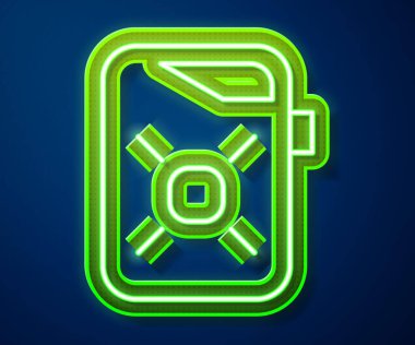 Mavi arka planda izole edilmiş motor makine yağı ikonu için parlayan neon hattı kutusu. Benzin bidonu. Yağ değiştirme ve onarım servisi. Motor yağı işareti. Vektör İllüstrasyonu