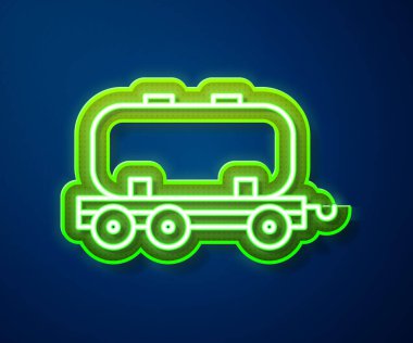 Parlayan neon hattı petrol sarnıç ikonu mavi arkaplanda izole edildi. Tren vagonundaki petrol tankı. Demiryolu nakliyesi. Petrol endüstrisi. Vektör İllüstrasyonu