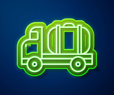 Parlayan neon hattı tanker ikonu mavi arka planda izole edildi. Petrol tankeri, petrol kamyonu, sarnıç, petrol karavanı. Vektör İllüstrasyonu