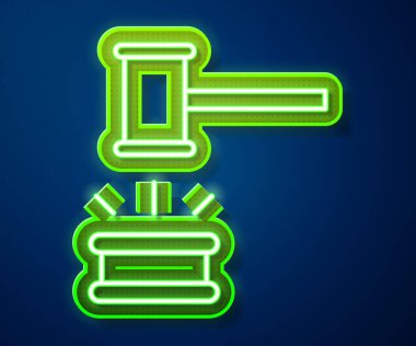 Parlayan neon hattı Yargıç Gavin ikonu mavi arka planda izole edildi. Gavel cezaların, faturaların, mahkemenin, adaletin hükmünü verecek. Açık arttırma çekici. Vektör İllüstrasyonu