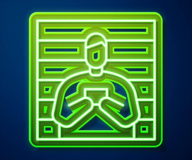 Parlayan neon hattı şüpheli simgesi mavi arka planda izole edildi. Hapishanedeki suçlu, yönetim kurulunun yanında şüpheli. Vektör İllüstrasyonu