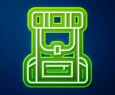 Parlayan neon çizgisi Yürüyüş sırt çantası simgesi mavi arkaplanda izole edildi. Kamp ve dağ gezisi sırt çantası. Vektör İllüstrasyonu