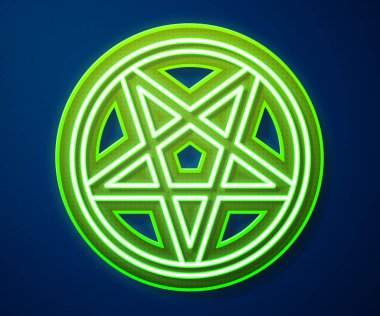 Mavi arkaplanda izole edilmiş bir daire simgesinde parlayan neon çizgisi pentagram. Sihirli okült yıldız sembolü. Vektör İllüstrasyonu