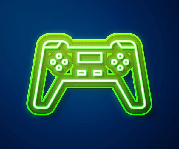 Leuchtende Leuchtschrift Gamepad-Symbol isoliert auf blauem Hintergrund. Spielkontrolle. Vektorillustration — Stockvektor