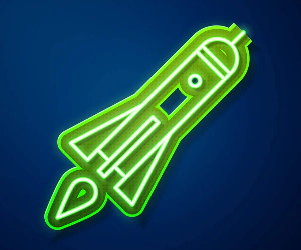 Glowing neon line Rocket ship with fire icon isolated on blue background. Space travel. Vector Illustration — Stock Vector