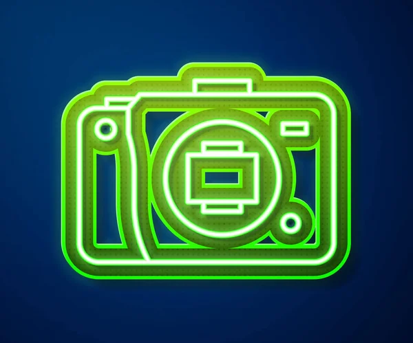 Gloeiende neon lijn Spiegelloze camera pictogram geïsoleerd op blauwe achtergrond. Foto camera icoon. Vector Illustratie — Stockvector