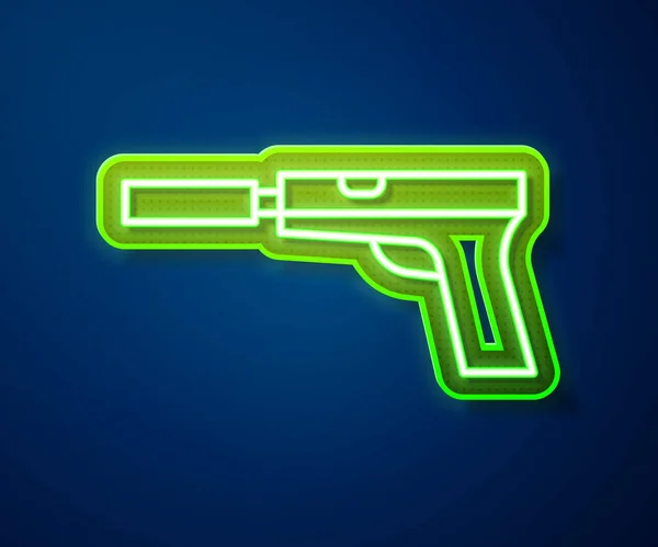 Pistola o pistola de neón brillante con icono de silenciador aislado sobre fondo azul. Ilustración vectorial — Vector de stock