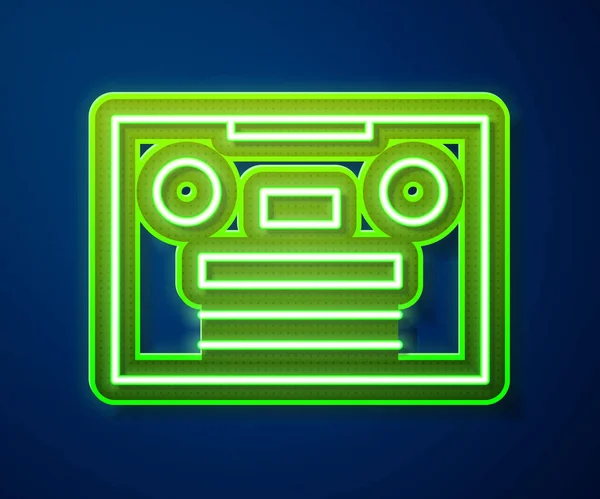 Línea de neón brillante Icono de cinta de audio retro aislado sobre fondo azul. Ilustración vectorial — Vector de stock