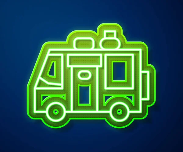 Ragyogó neon vonal Rv Camping trailer ikon elszigetelt kék háttérrel. Utazó mobil otthon, lakókocsi, lakókocsi az utazáshoz. Vektorillusztráció — Stock Vector