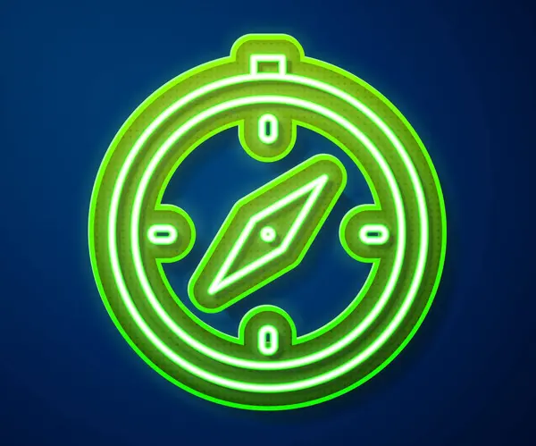 Parlayan neon hattı pusula simgesi mavi arkaplanda izole edildi. Rüzgâr yön bulma sembolü. Rüzgar gül işareti. Vektör İllüstrasyonu