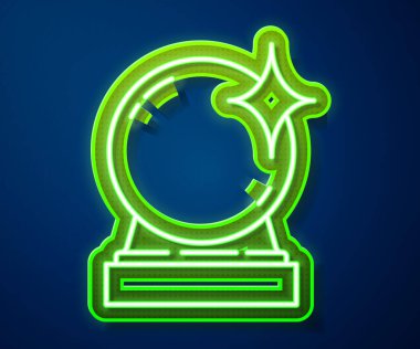 Parlayan neon hattı sihirli top ikonu mavi arkaplanda izole edildi. Kristal küre. Vektör İllüstrasyonu