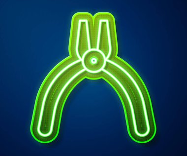 Parlayan neon hattı pense aracı simgesi mavi arkaplanda izole edildi. Pense endüstriyel mekanik su tesisatında çalışıyor. Vektör İllüstrasyonu