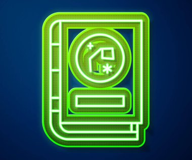 Mavi arka planda izole edilmiş astronomi ikonu tarafından parlayan neon çizgi kitabı. Vektör İllüstrasyonu