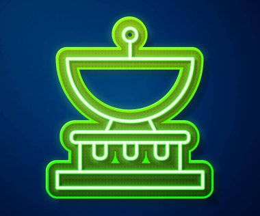 Gezegen Satürn 'ün parlak neon çizgisi. Gezegen halkası ikonu mavi arka planda izole edilmiş. Vektör İllüstrasyonu