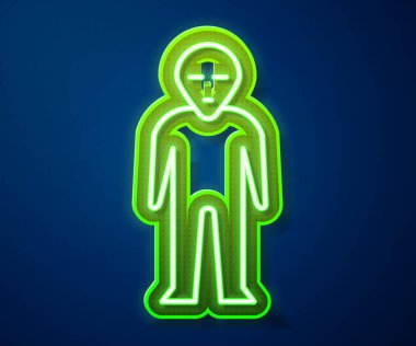 Parlayan neon hattı. Mavi arka planda uzaylı simgesi izole edildi. Uzaylı yüzü ya da kafa sembolü. Vektör İllüstrasyonu