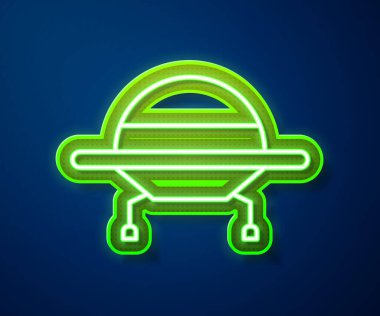 Parlayan neon hattı UFO uçan uzay gemisi simgesi mavi arkaplanda izole edildi. Uçan daire. Uzaylı uzay gemisi. Gelecekteki bilinmeyen uçan nesne. Vektör İllüstrasyonu