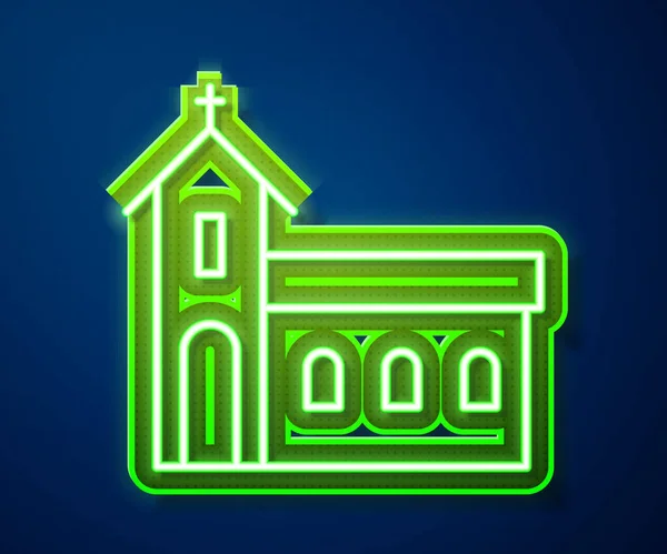 Icono de edificio de la iglesia de línea de neón brillante aislado sobre fondo azul. Iglesia Cristiana. Religión de la iglesia. Ilustración vectorial — Vector de stock