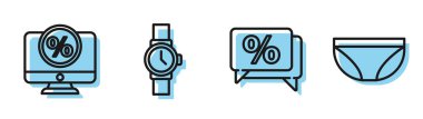 Satır İndirim yüzde etiketi, yüzde indirim ve monitör, kol saati ve iç çamaşırı simgesi ayarla. Vektör