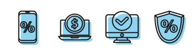 Hat bilgisayar monitörünü, yüzde indirimi ve cep telefonunu, dolar ve kredi ikonuyla dizüstü bilgisayarı ayarla. Vektör
