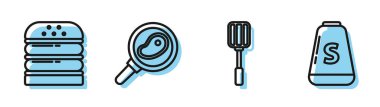 Spatula, Burger, kızartma tavasında biftek ve tuz ikonu. Vektör