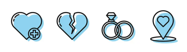 Σετ γραμμή Γαμήλιες βέρες, Καρδιά, Ραγισμένη καρδιά ή διαζύγιο και δείκτης χάρτη με εικονίδιο καρδιάς. Διάνυσμα — Διανυσματικό Αρχείο
