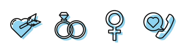 ラインを設定します女性の性別のシンボル,ハートと矢印を持つアミュール,ハートスピーチバブルアイコンと結婚指輪と電話.ベクトル — ストックベクタ