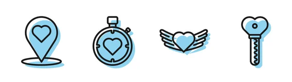 Set line Corazón con alas, Puntero de mapa con corazón, Corazón en el cronómetro central y Llave en forma de corazón icono. Vector — Archivo Imágenes Vectoriales