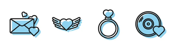 Set line Wedding rings, Envelope with heart, Heart with wings and Romantic music icon. Vector — Stock Vector