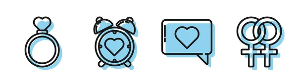 Set line Like and heart, Wedding rings, Heart in the center alarm clock and Female gender symbol icon. Vector — Stock Vector