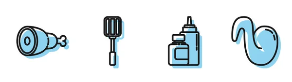 Set line Sauce bottle, Chicken leg, Spatula and Fried chicken wing icon. Vector — Stock Vector