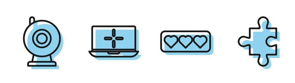 Set line Like and heart, Web camera, Laptop and Piece of puzzle icon. Vector — Stock Vector