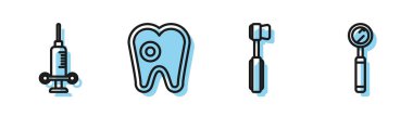 Diş fırçası, diş sağlığı şırıngası, diş bakımı ve diş muayenesi aynası ikonu. Vektör