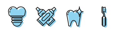 Diş beyazlatma konsepti, diş implantı, çapraz diş macunu tüpü ve diş fırçası ikonu. Vektör