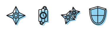 Japon ninja shuriken, Japon ninja shuriken, dinamit çubuk ve zamanlayıcı saat ve kalkanların simgesi. Vektör