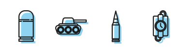Mermi, kartuş, ordu tankı, dinamit çubuğu ve zamanlayıcı simgesi. Vektör