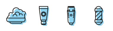 Tıraş makinesi, tıraş jeli köpüğü, krem veya losyon kozmetik tüpü ve klasik berber dükkânı ikonu. Vektör