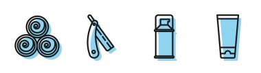 Traş jeli köpüğü, havlu rulosu, jilet ve krem ya da losyon kozmetik tüp ikonu. Vektör