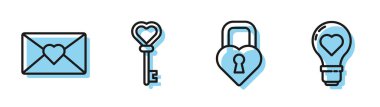 Castle 'ı kalp şeklinde ayarla, Zarfta Sevgililer Günü kalbi, kalp şeklinde anahtar ve ampul şeklinde kalp şeklinde ikon. Vektör