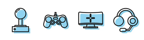 Ρυθμίστε οθόνη υπολογιστή γραμμής, Joystick για arcade μηχανή, Gamepad και ακουστικά εικονίδιο. Διάνυσμα — Διανυσματικό Αρχείο