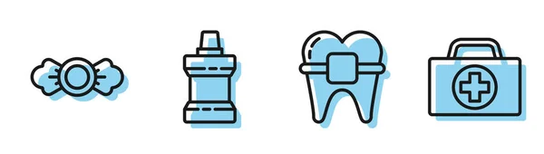 Definir linha dentes com aparelho, doces, garrafa de plástico Mouthwash e ícone kit de primeiros socorros. Vetor —  Vetores de Stock