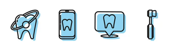 Set line Ubicación de la clínica dental, concepto de blanqueamiento dental, cuidado dental en línea e icono de cepillo de dientes. Vector — Vector de stock