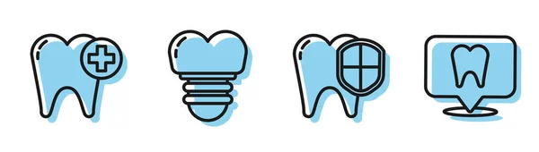 Установите линию Стоматологическая защита, Зуб, зубной имплантат и значок местонахождения стоматологической клиники. Вектор — стоковый вектор