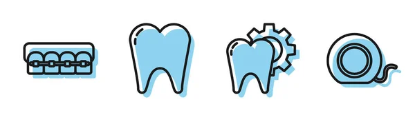 Ställ linje Tandbehandling förfarande, tänder med hängslen, Tand och tandtråd ikon. Vektor — Stock vektor