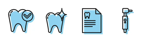 Set line Presse-papiers avec carte dentaire, concept de blanchiment des dents, concept de blanchiment des dents et icône de perçage des dents. Vecteur — Image vectorielle