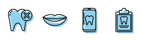 Definir linha de cuidados odontológicos on-line, dente com cárie, lábios sorridentes e área de transferência com ícone de cartão dental. Vetor —  Vetores de Stock