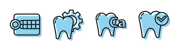 Set line Calcio para dientes, Modelo de prótesis dentales, Procedimiento de tratamiento dental e Icono de concepto de blanqueamiento dental. Vector — Vector de stock